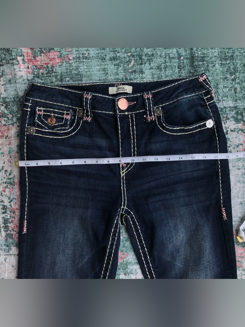 True Religion Women's Dark Blue Boot Cut Jeans with Pink Accent Stitching - Picture 10 of 11